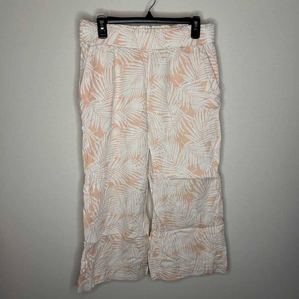 Land N Sea Peach White Palm Leaf Wide Leg Linen Blend Crop Pants Women Med Beach
